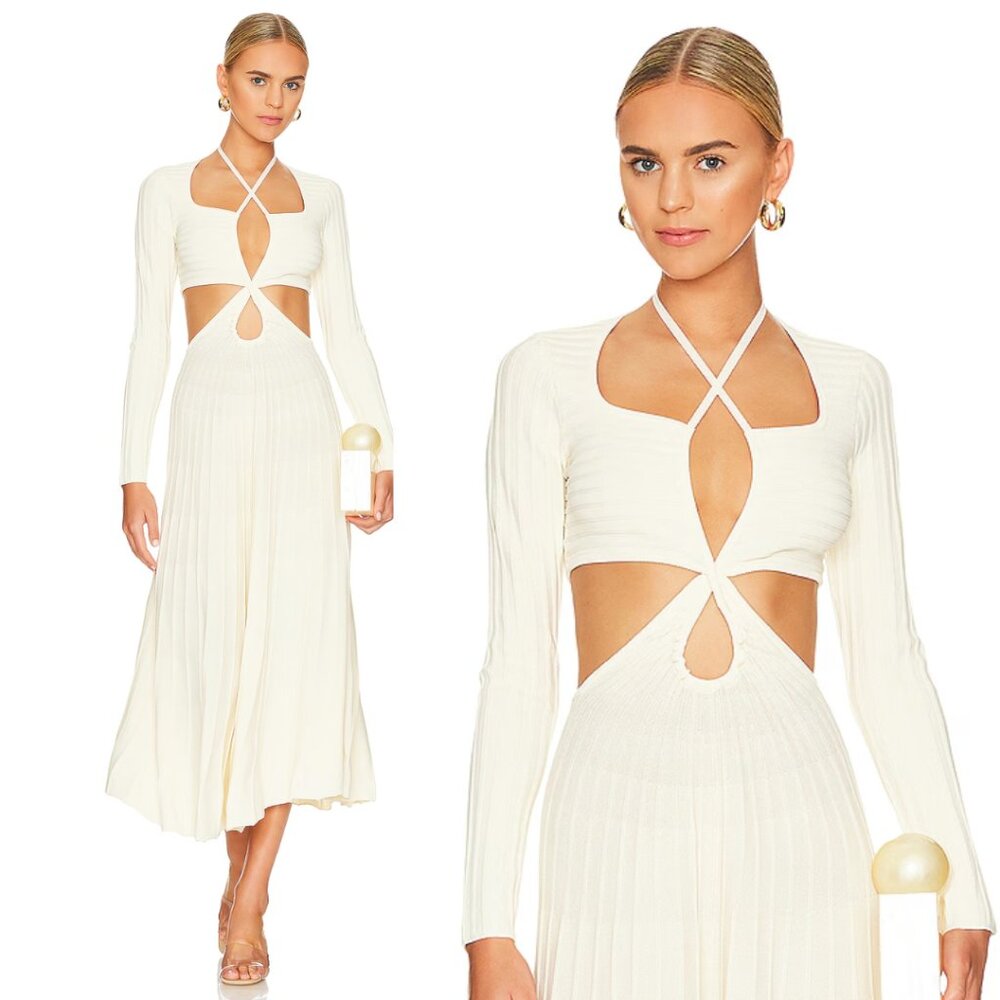NWT Cult Gaia Fergie Midi Dress Sz Large Off-white Long Sleeve Rib Knit Cut-out